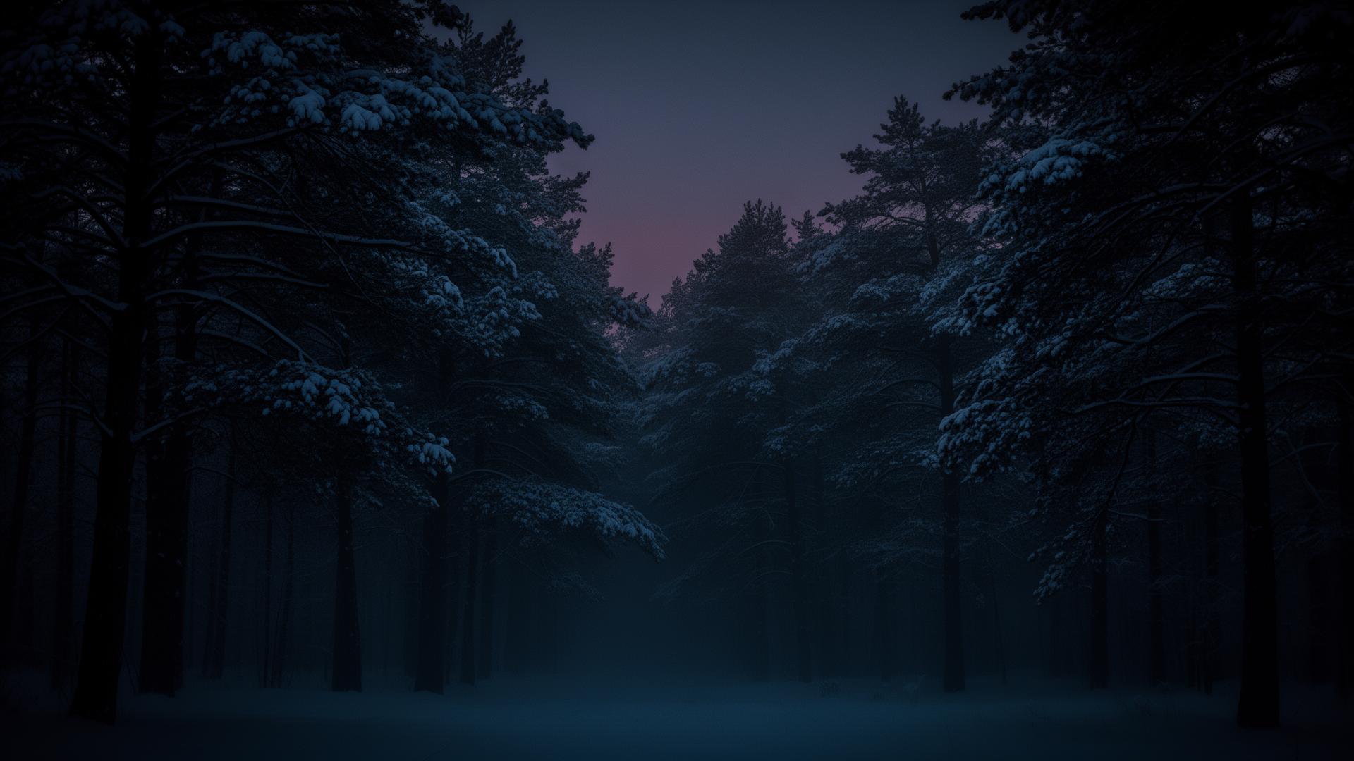 Dark winter forest at twilight
